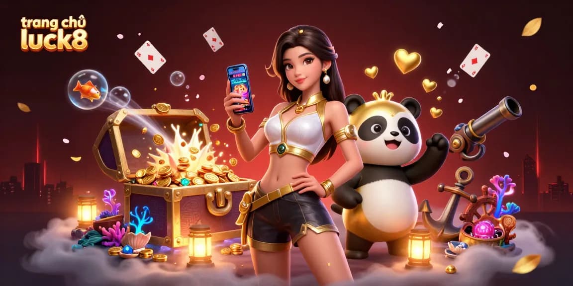 Engage with the exciting world of trang chủ luck8, featuring an Asian woman with a smartphone and a golden panda in a vibrant casino scene.