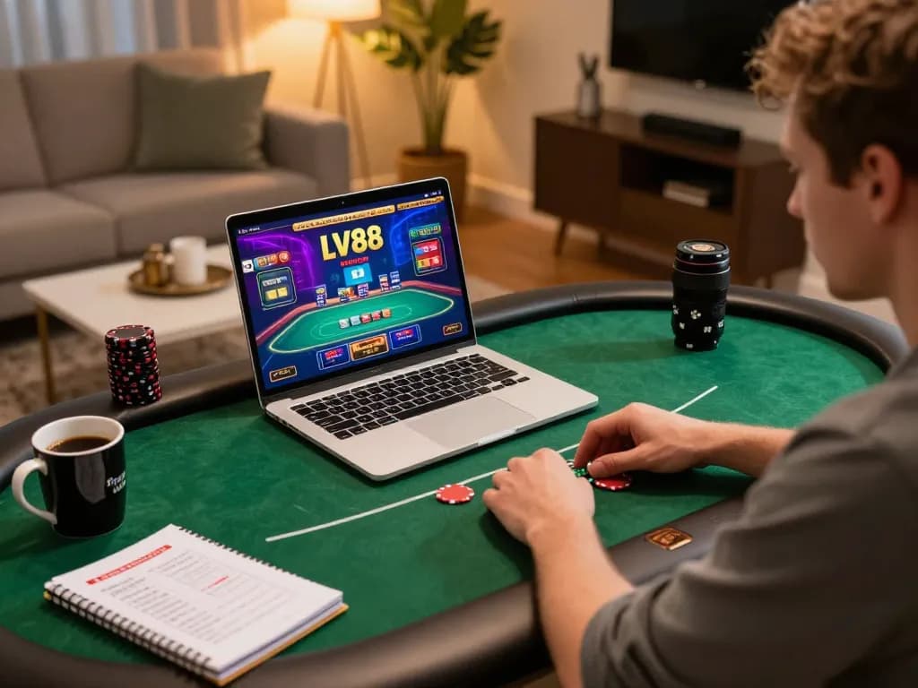 Player strategizing poker game on LV88 platform from cozy home desk