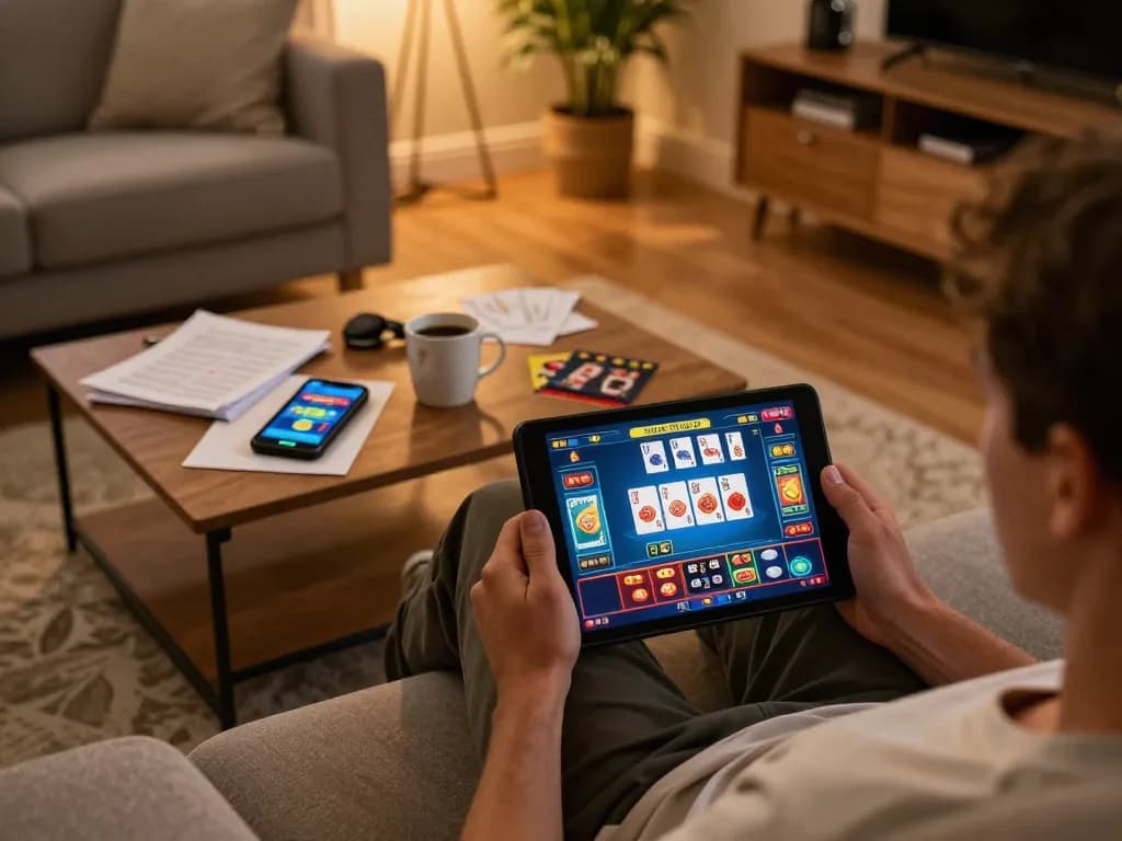 Engaging moment on 888NOW with a player enjoying online gaming on tablet in a cozy home setting.