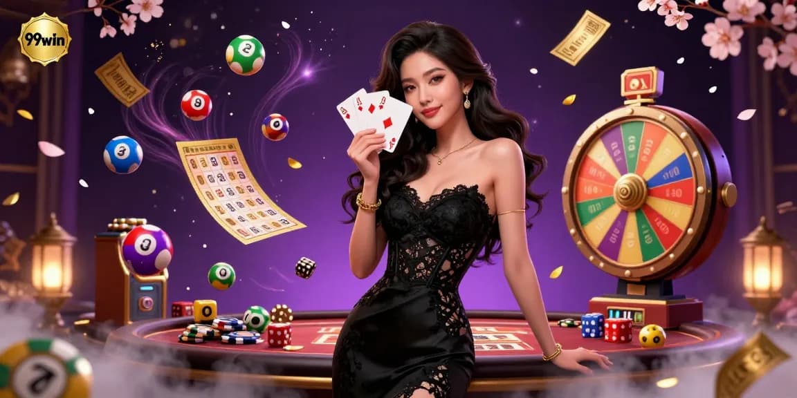 Engaging scene showcasing the excitement of 99win with a graceful woman holding playing cards amidst a flurry of colorful lottery elements.
