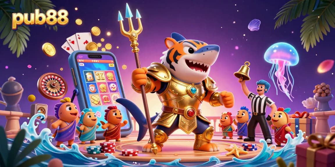 Spinning reels and golden coins illuminate pub88's vibrant underwater casino scene with a tiger shark gladiator.