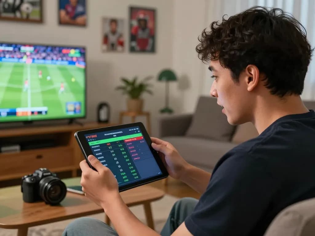Person strategizing sports bets at home using a tablet while immersed in the excitement of tr88's betting options.