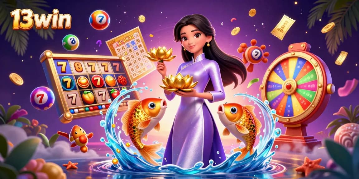 Engage with 13win's vibrant casino world filled with golden tickets, slot reels, and dynamic lottery balls.