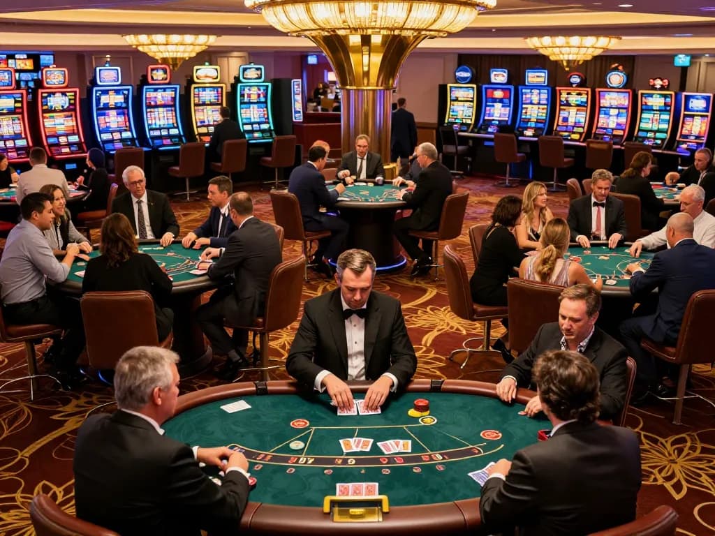Players strategizing at iwin club poker tables amid vibrant casino atmosphere, showcasing excitement and luxury.