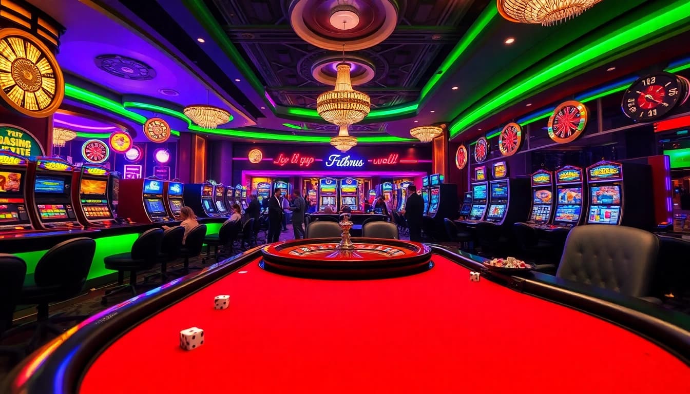 Experience the thrill of typhu88 gaming at a vibrant casino, featuring poker tables and roulette wheels.