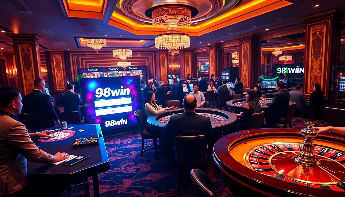 Log in to 98win with an engaging casino backdrop of poker and roulette tables.