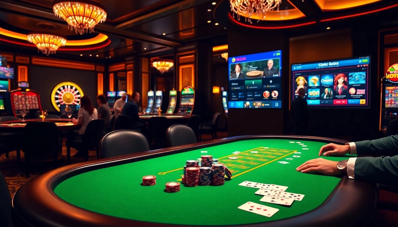Experience thrilling poker action at Okfun's vibrant casino, featuring luxurious tables and engaging gameplay.