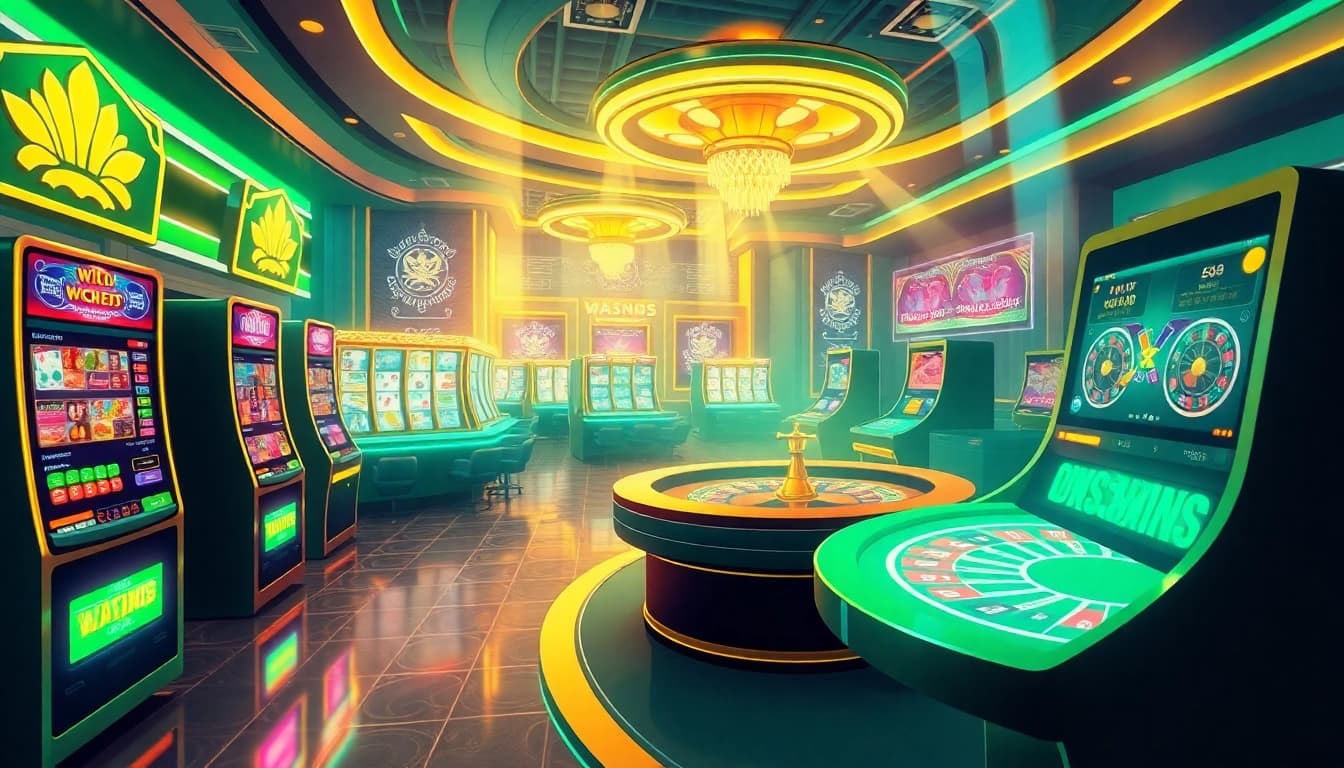Engage with thrilling gambling action at https://nohu90.pink/ showcasing vibrant slot machines and poker tables.