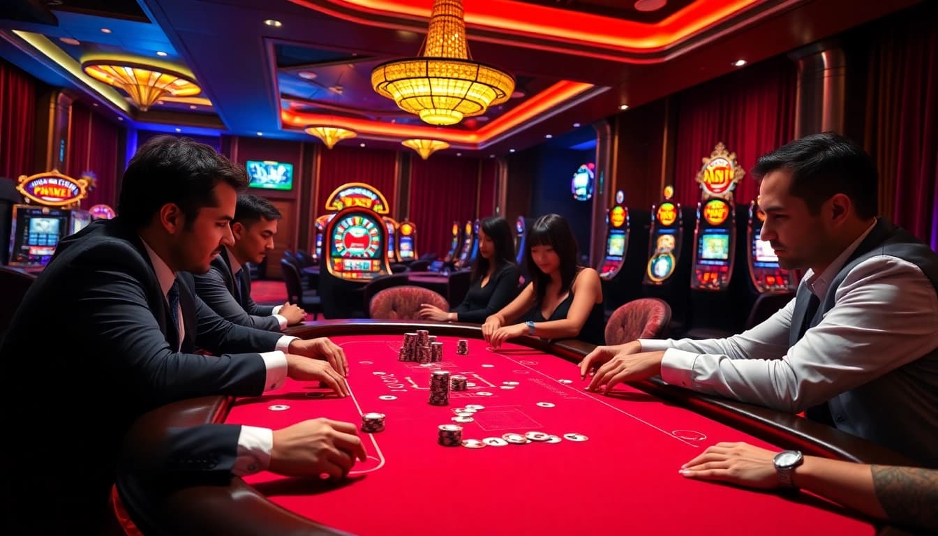 Hit club poker players strategizing their next move amidst vibrant casino ambiance.