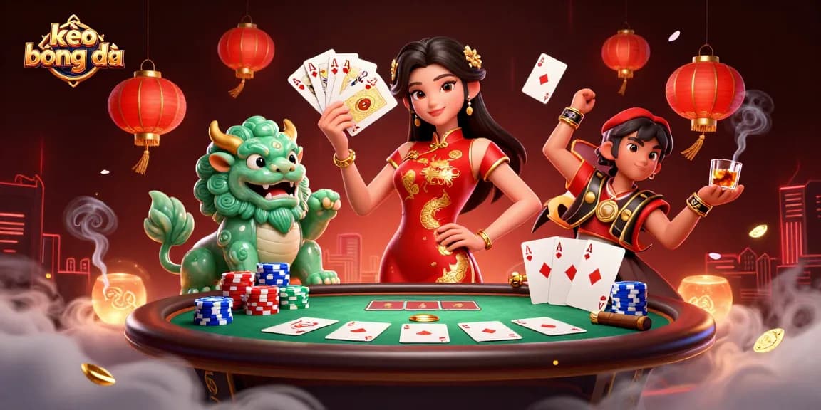 Experience kèo bóng đá with an elegant woman in qipao, poker action, and vibrant casino elements.
