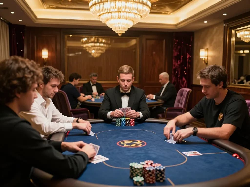 Players strategizing at a high-stakes poker game in the LV88 VIP room.
