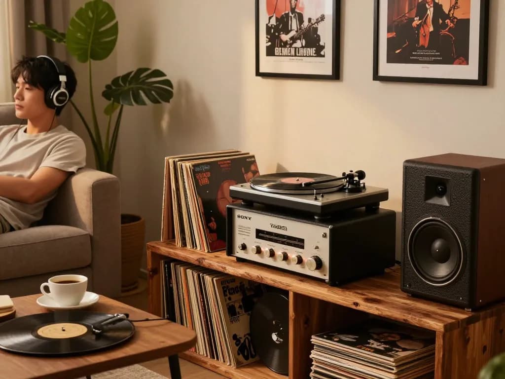 Set up featuring the vintage Sony TA88 amplifier surrounded by vinyl records in a cozy living room.