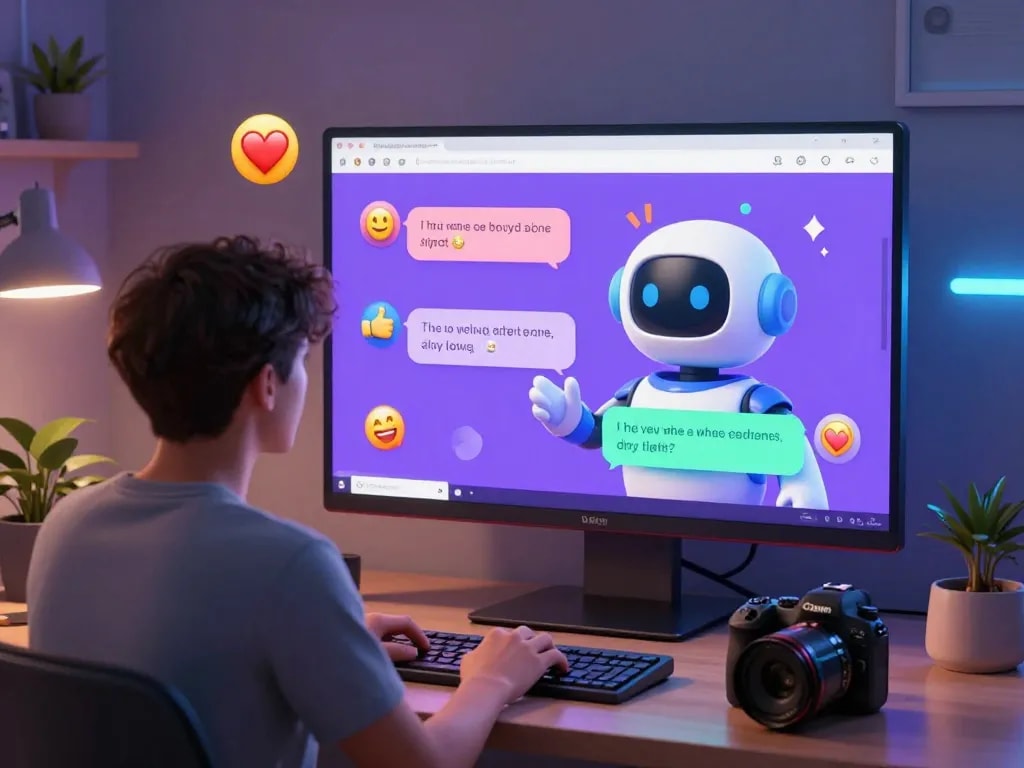 Engaging AI sex chat interaction with a virtual companion in a vibrant digital workspace.