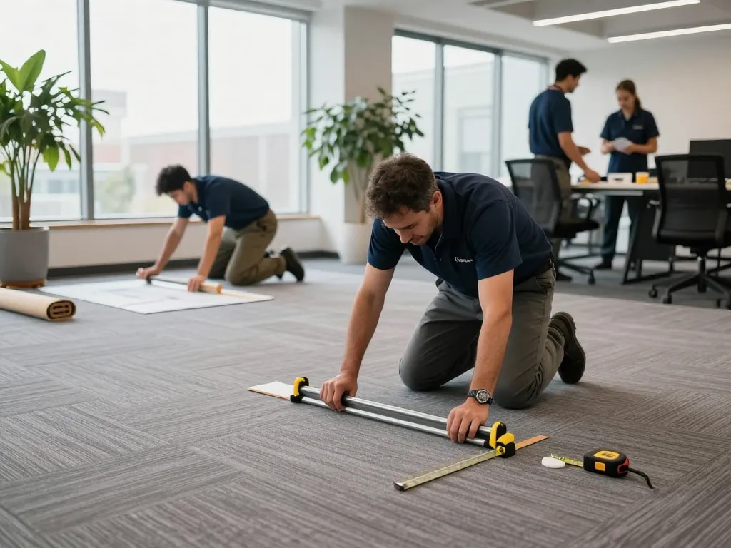 Commercial carpet installation by professionals in a modern office space showcasing teamwork and precision.