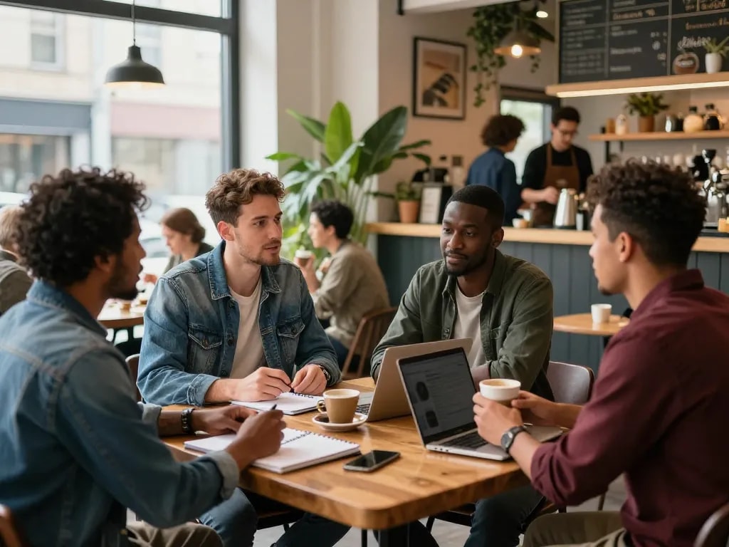 A group of men discussing and supporting each other at a coffee shop, highlighting the essence of the manclub community.