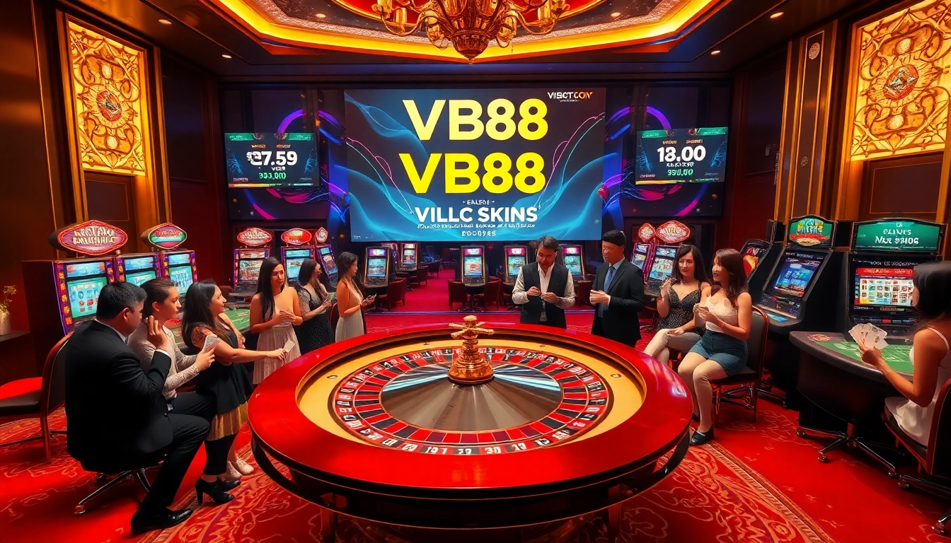 Excited gamblers enjoying a luxurious VB88 casino atmosphere with roulette, poker chips, and vibrant slot machines.