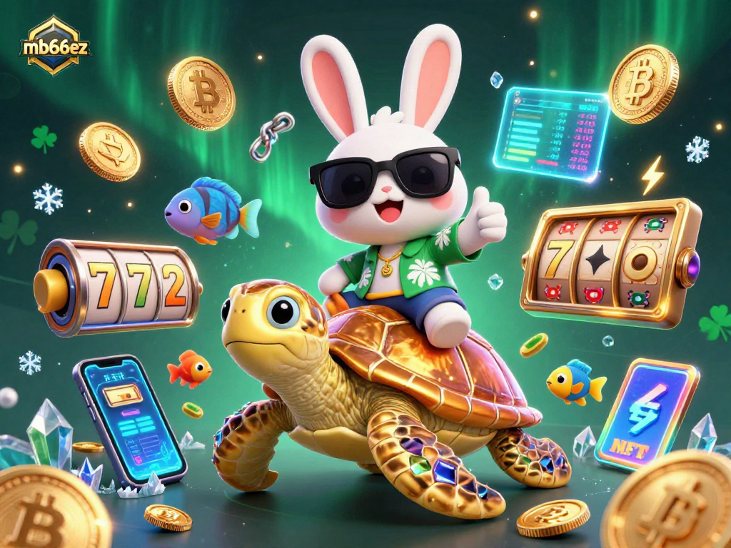 Join the fun at mb66ez, where a lucky rabbit and a golden turtle celebrate crypto gaming excitement!