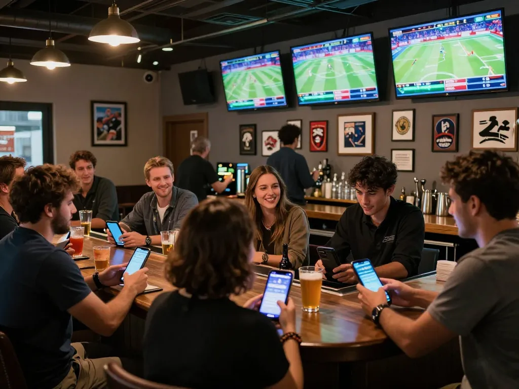 Enthusiastic patrons placing bets on mobile devices at a vibrant sports bar, emphasizing ty-le-keo excitement.