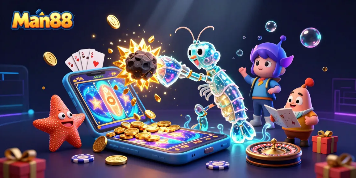 Man88 features a galactic samurai shrimp in a vibrant casino scene with dynamic slot game elements.