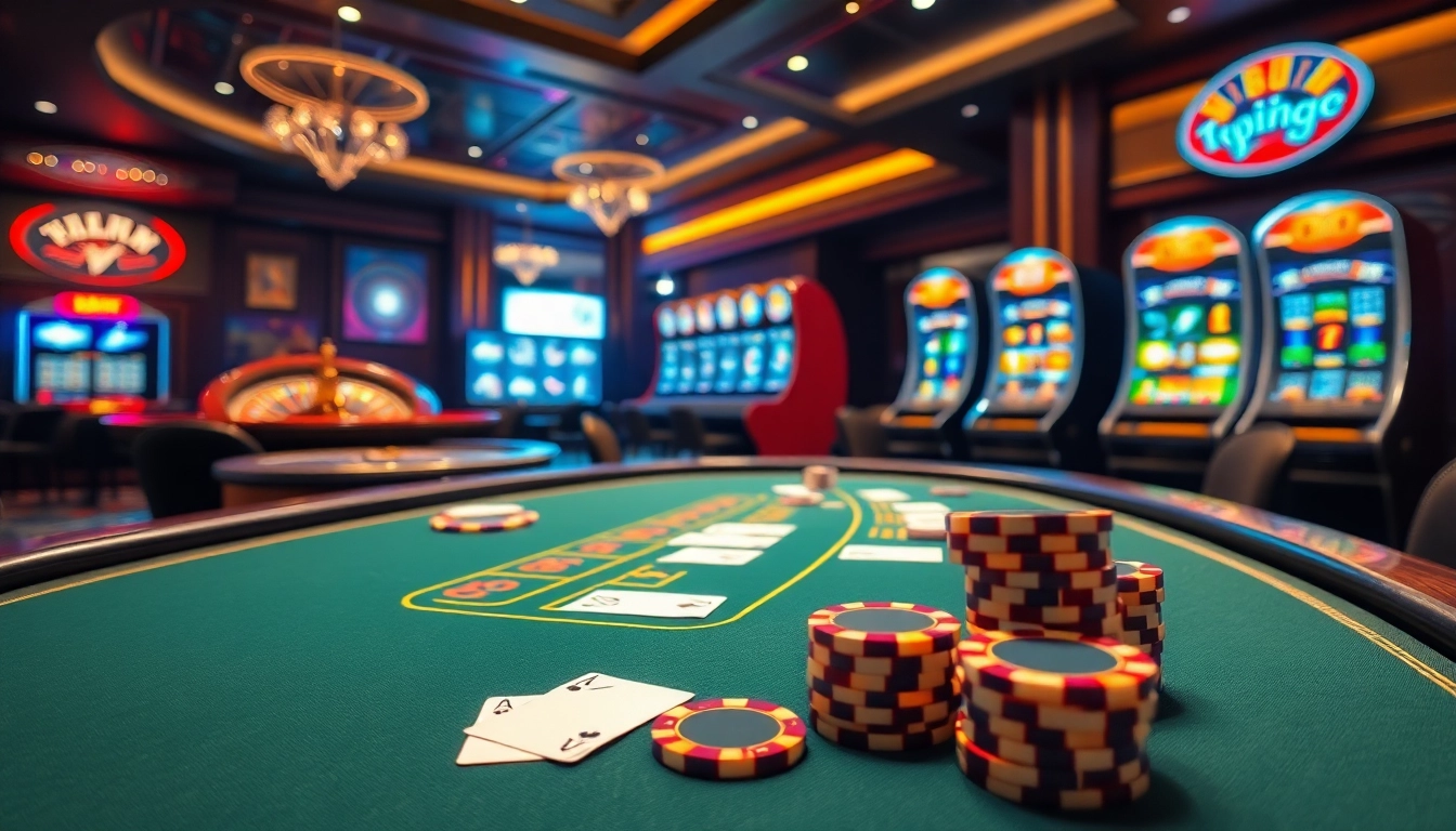 Players enjoying a thrilling game of blackjack at typhu88's luxurious casino, with vibrant slot machines in the background.