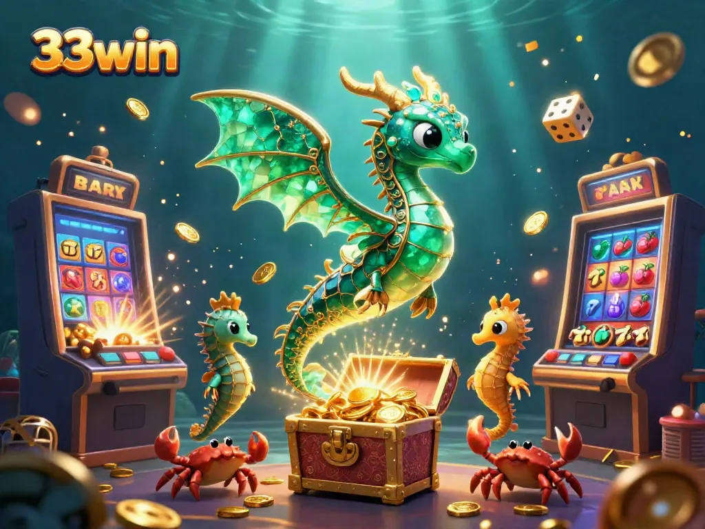 Experience the thrill of 33win with an underwater scene of a sea dragon alongside a jackpot-bursting slot machine.