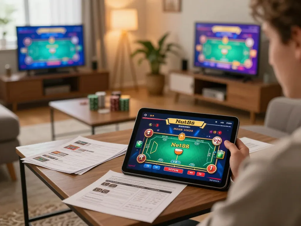 Engaging in Net88 online casino gaming on a tablet in a cozy living room.