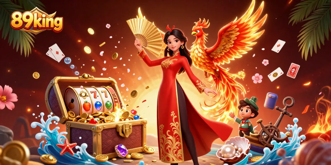 Engage with the vibrant 89king casino scene, featuring a woman and a phoenix amidst slot symbols and gold coins.