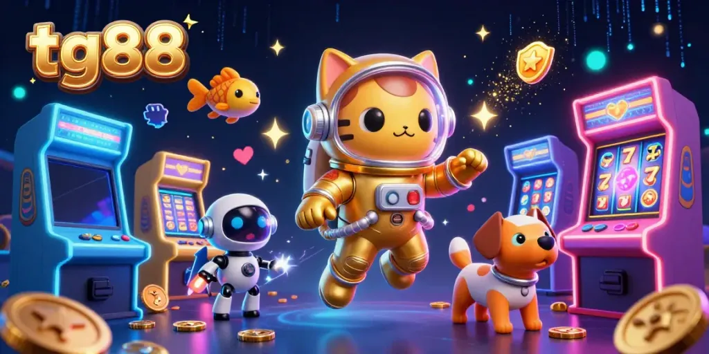 Experience excitement with tg88 as a cartoon astronaut cat and robot dog explore a vibrant casino universe.