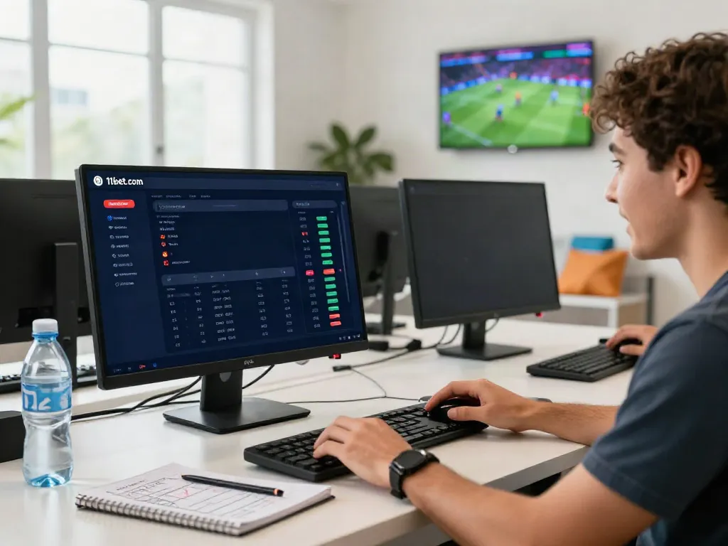 Engaged player using 11bet.com for online sports betting in a vibrant setting.