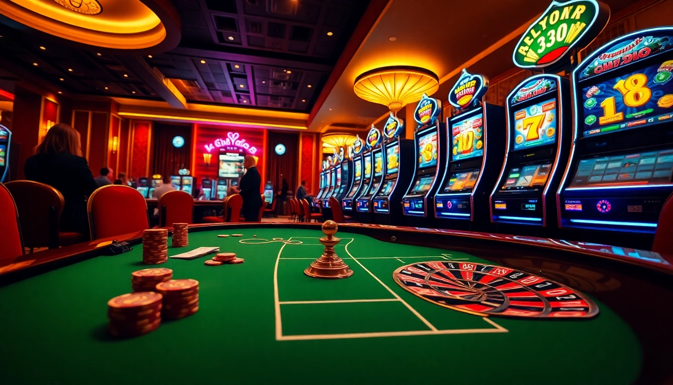 Players enjoying a thrilling game at Hello88 casino with vibrant tables and slot machines.