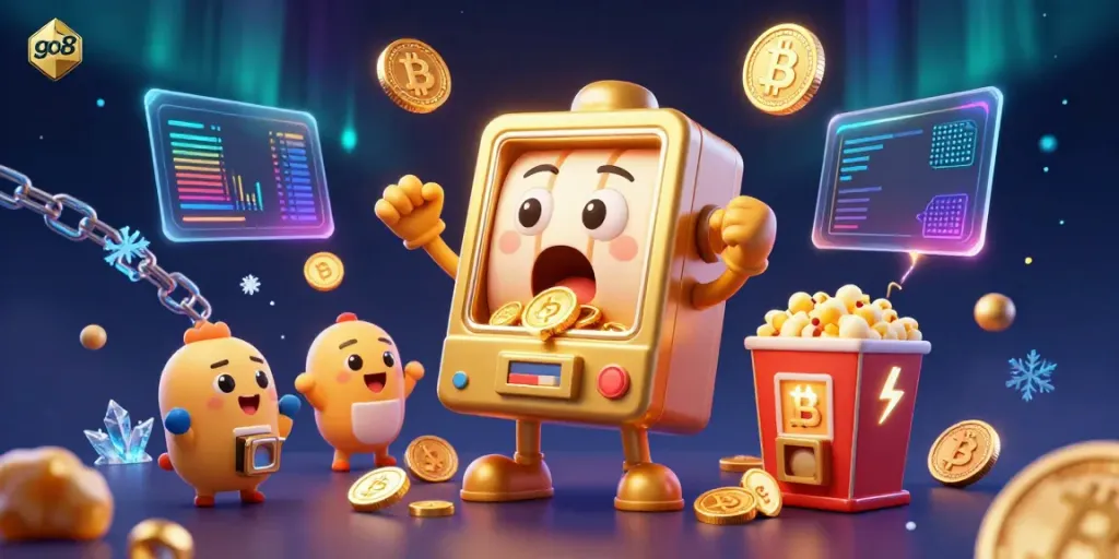 Engage with go8 gaming as golden slot machines celebrate a big jackpot amidst cryptocurrency elements.
