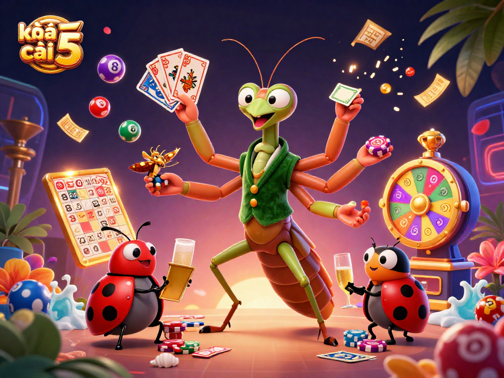Engage with kèo nhà cái 5 while enjoying vibrant lottery elements and casino characters in an exciting scene.