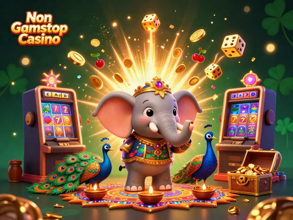 Engage with the vibrant scene of Non Gamstop Casino featuring a colorful elephant, peacock, and a jackpot explosion.