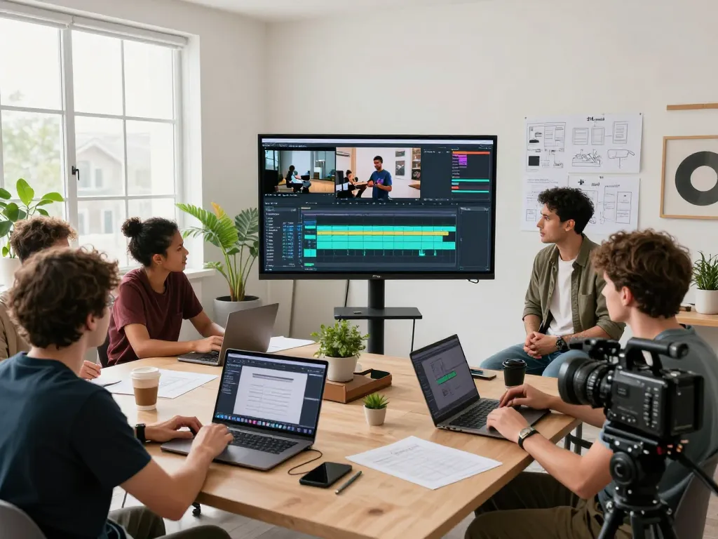 Creative video production team utilizing seedance ai software in a modern studio.