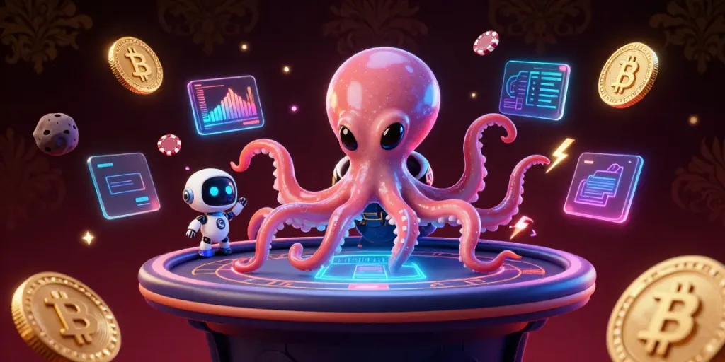 Experience exciting games with LC88 as a vibrant alien octopus runs holographic poker tables in space.