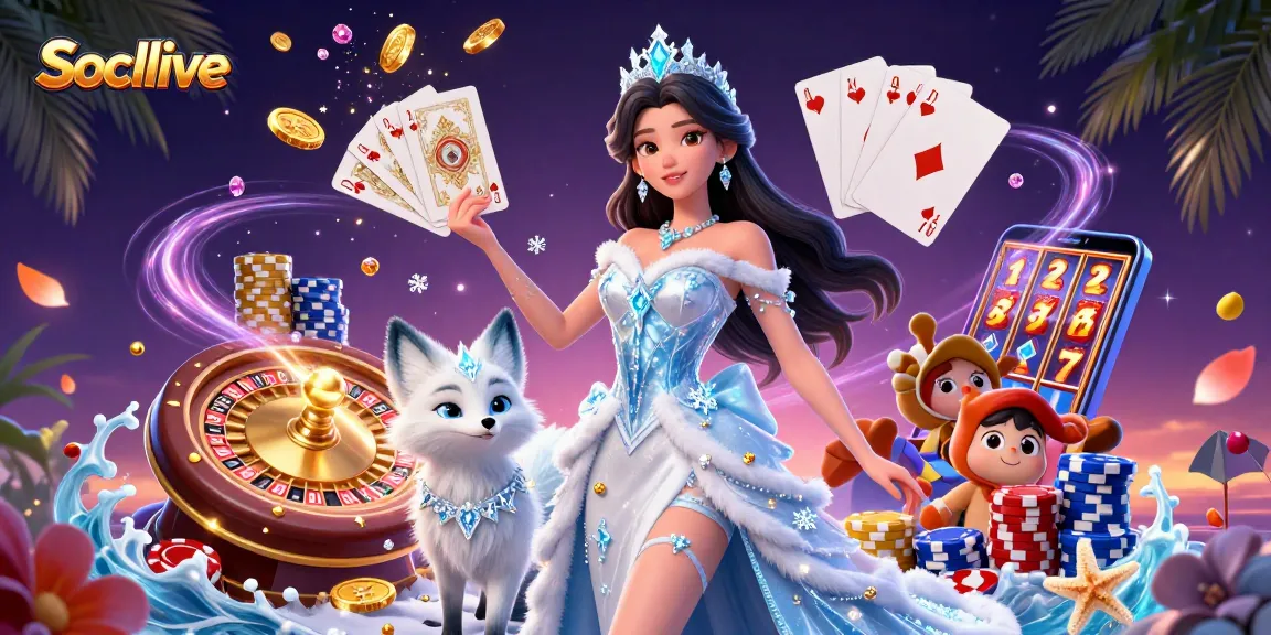 Socolive's thrilling online gambling scene with a captivating ice queen and her fox companion amidst gold coins and poker elements.