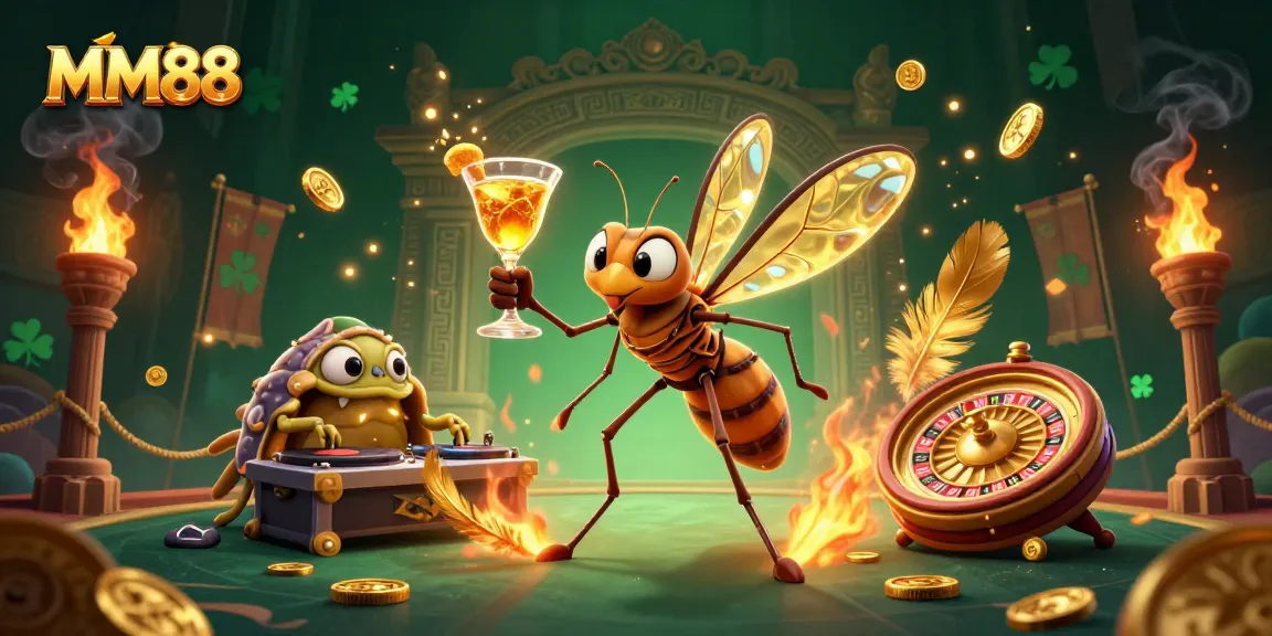 Engage with MM88's exciting casino mascot in a vibrant gaming scene filled with dynamic elements.