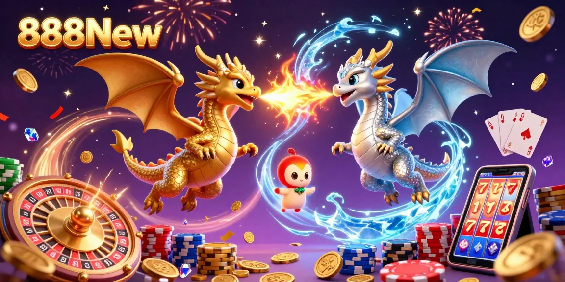 Experience the excitement of 888New with colorful gaming elements like dragons, coins, and card action.