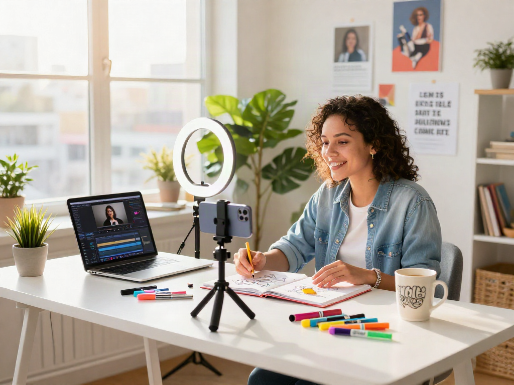 Content creator in stylish workspace recording video for social media, engaging with audience through ia +18 topics.