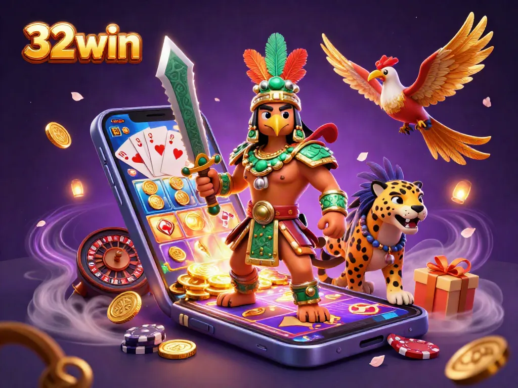 Experience the thrill of 32win with an Aztec warrior amidst 3D casino elements and vibrant visuals.