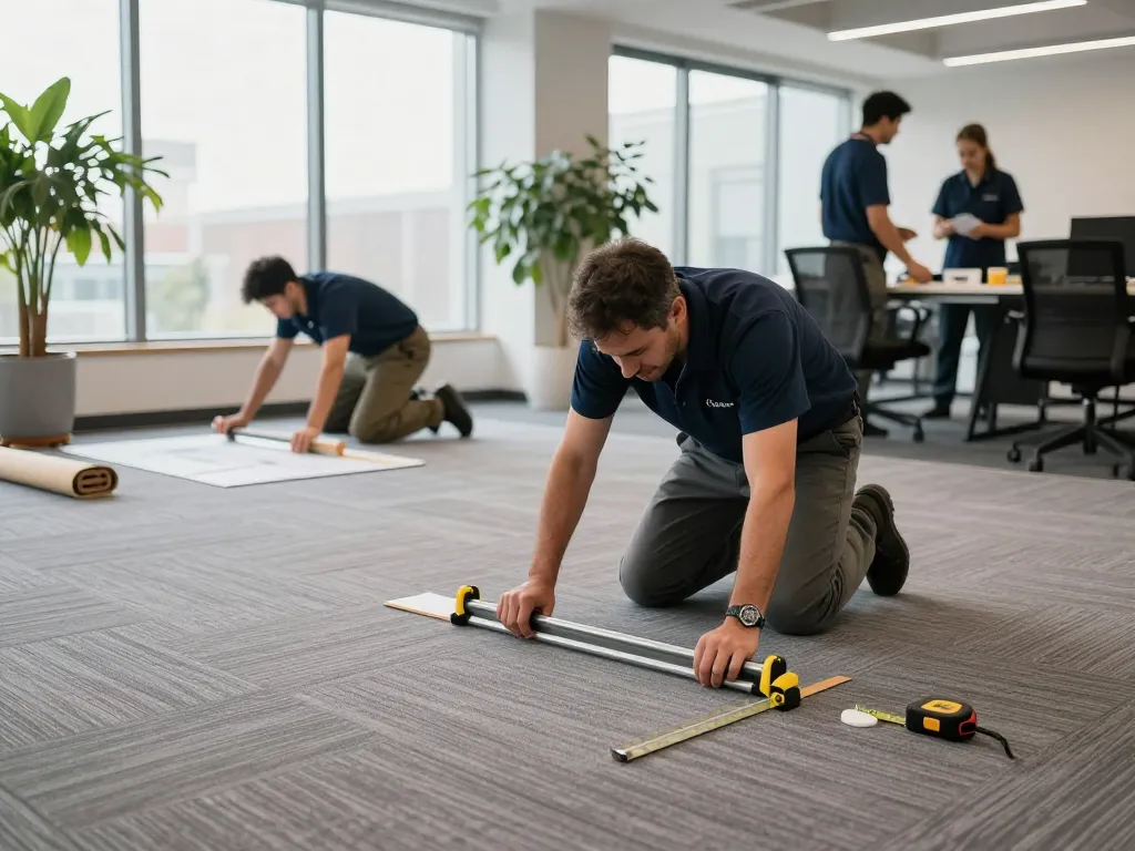 Commercial carpet installation by professionals in a modern office space showcasing teamwork and precision.