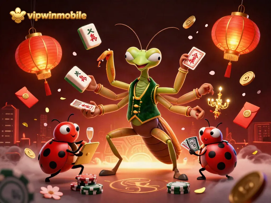 Experience the dynamic gambling scene with vipwinmobile's casino characters engaging in gameplay, surrounded by vibrant elements.