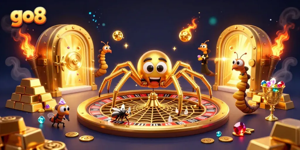 Experience the thrill of go8 with a golden spider spinning a roulette web and vibrant casino treasures.