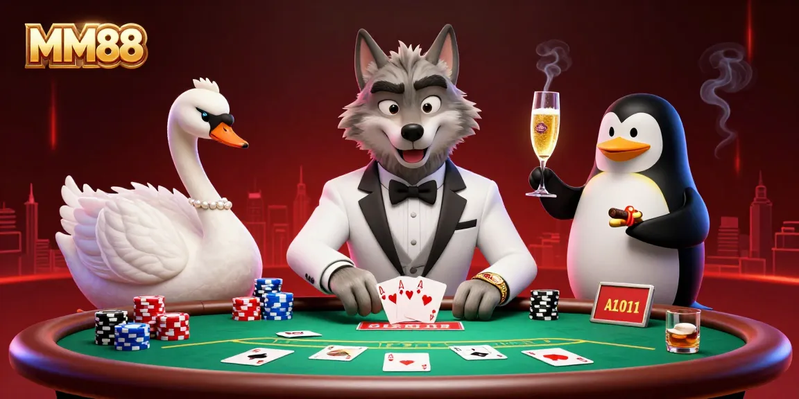 Experience thrilling baccarat action at MM88 with a debonair wolf, elegant swan, and a penguin sommelier.