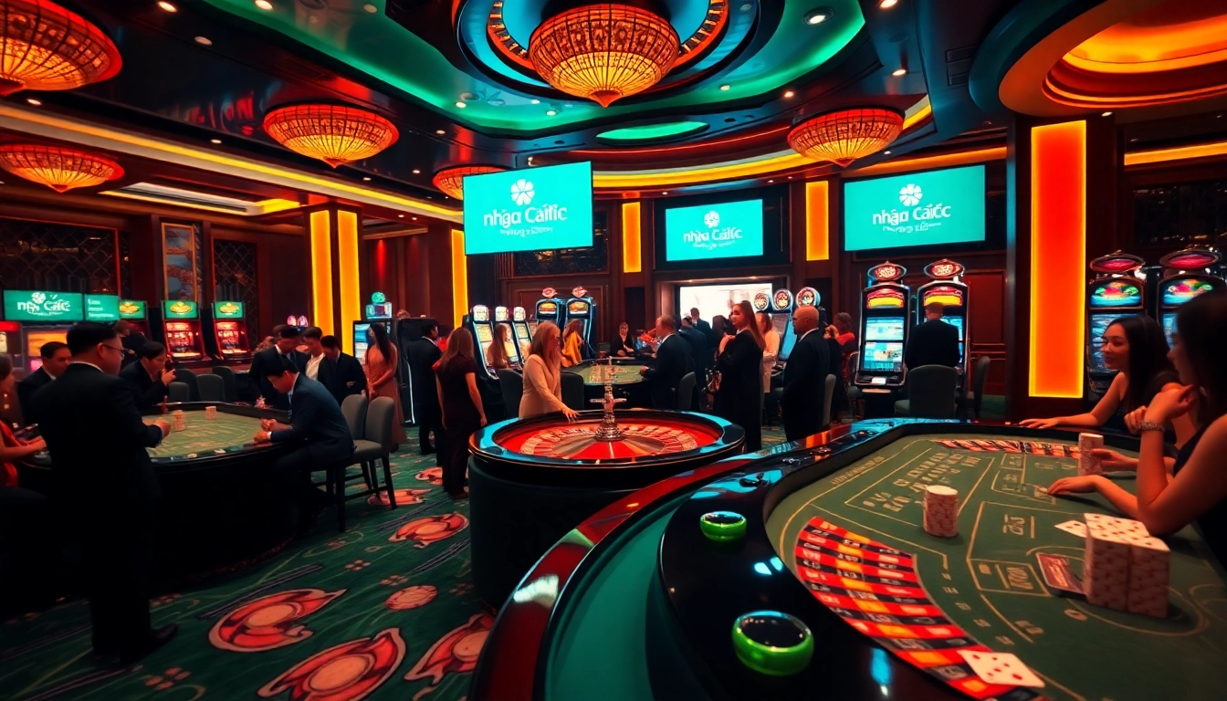 nhà cái kjc players enjoying a thrilling casino experience with vibrant gaming tables and roulette wheel