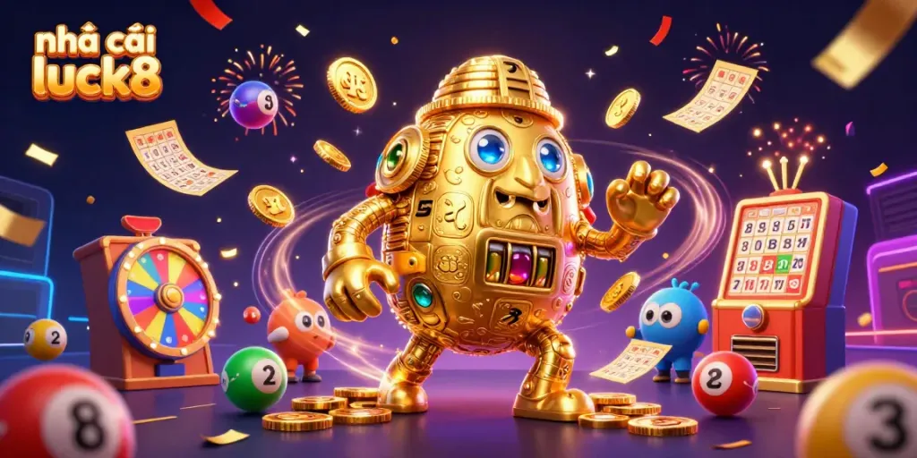 Engage with the vibrant world of nhà cái luck8 while exploring online betting opportunities with a 3D animated golem and lottery elements.