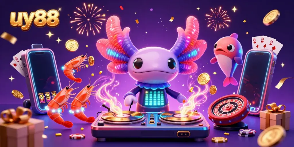 Experience the vibrant world of uy88 with a neon axolotl DJ and playful casino elements.