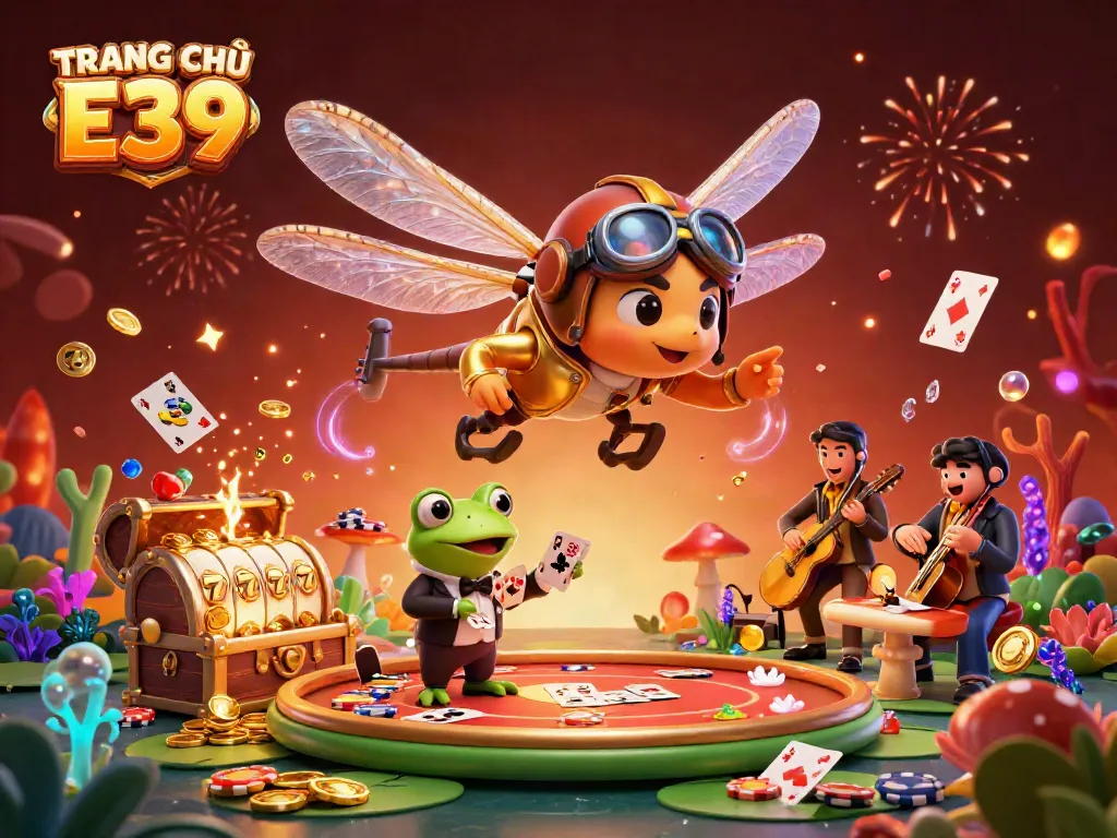 Engage with TRANG CHỦ E39's thrilling casino scene featuring a dragonfly pilot and frog croupier in a vibrant atmosphere.