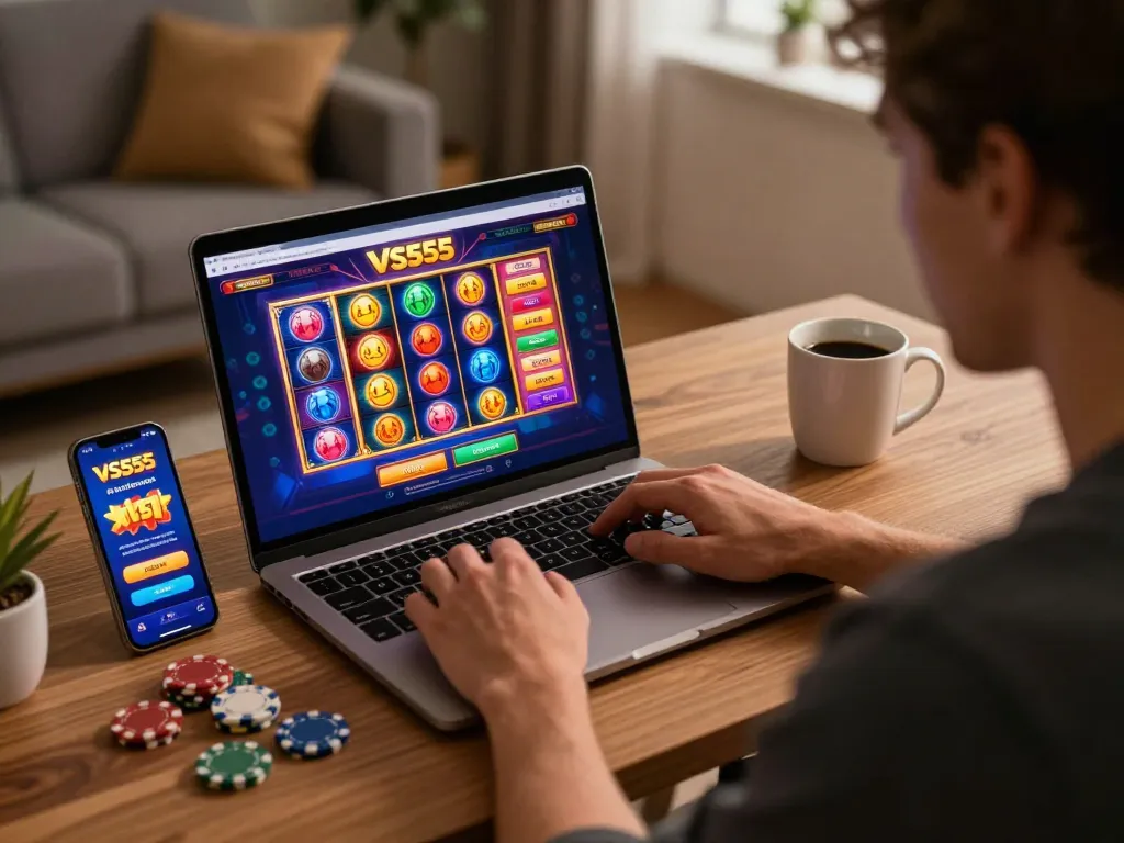 Player enjoying a fun gaming session at home on VS555 Casino with laptop and smartphone.