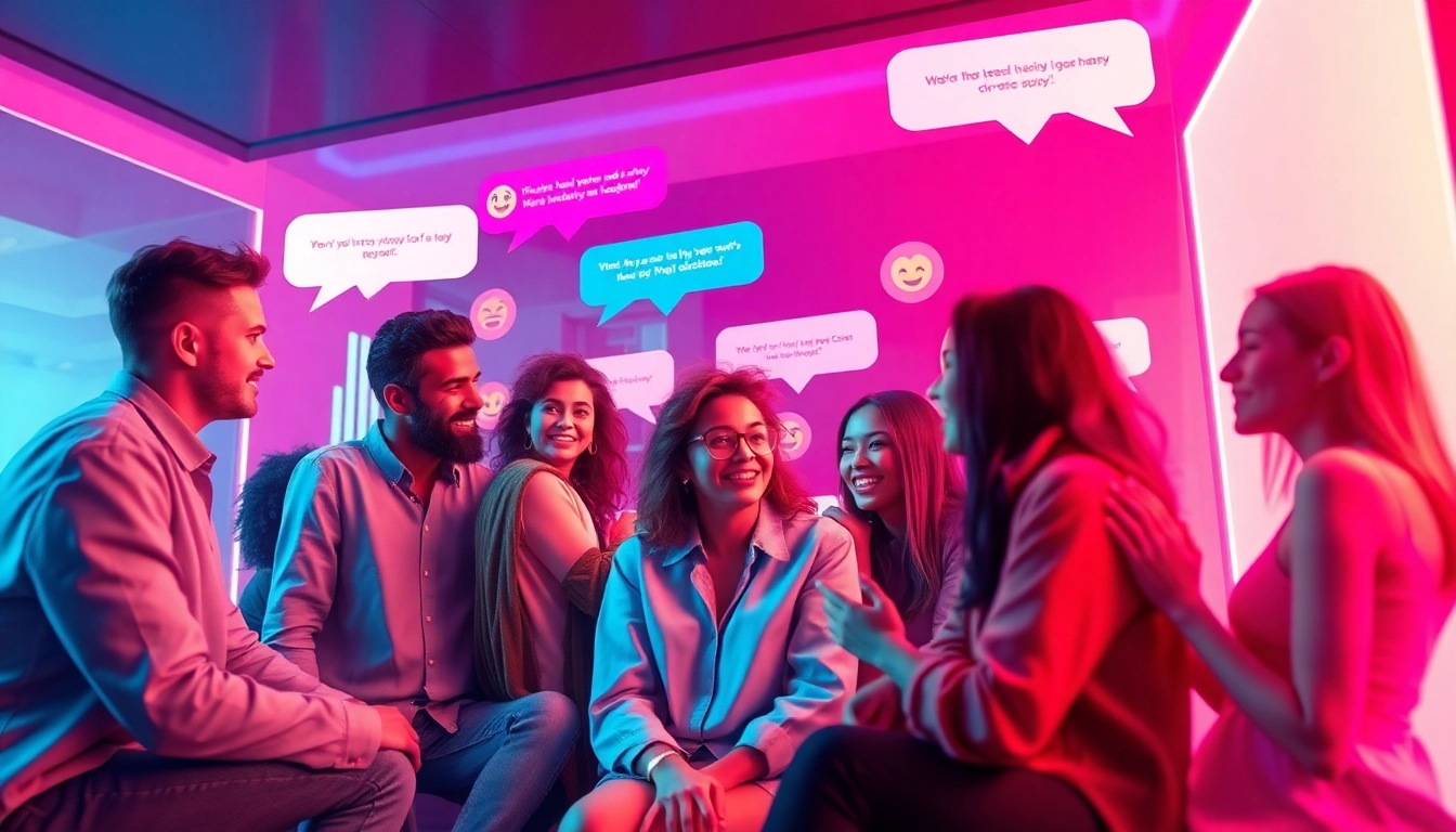 Engaging virtual chat room scene representing a spicy chat experience with diverse characters and colorful text bubbles.